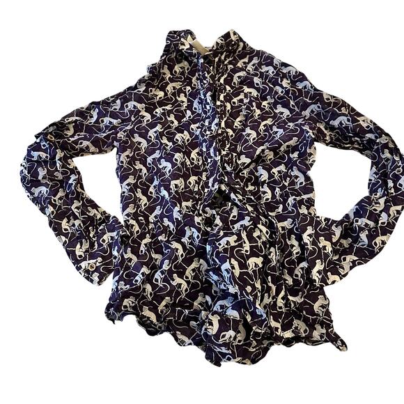 Anthropologie Maeve 2P Purple Monkey Print Roll Tab Sleeve Peplum Tunic Top Boho - Picture 2 of 11